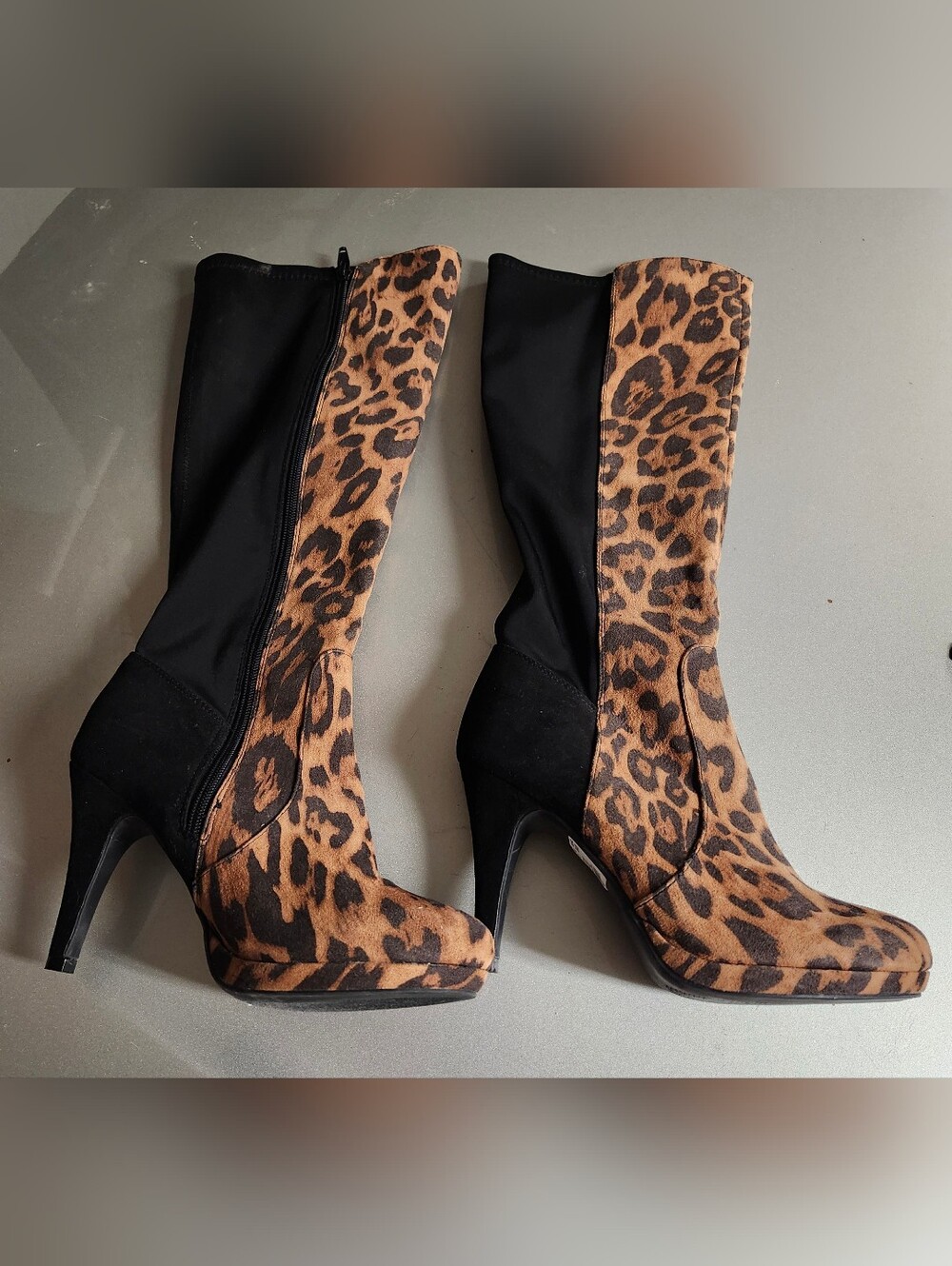 Leopard Print Knee-High Heeled Boots - Black & Brown-No Brand